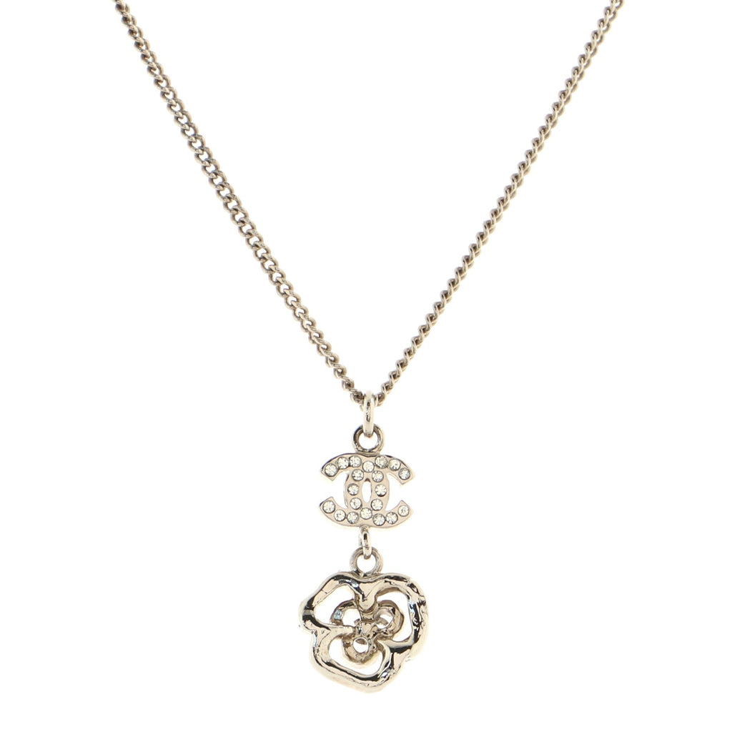 CC Dangling Camellia Pendant Necklace Crystal Embellished Metal