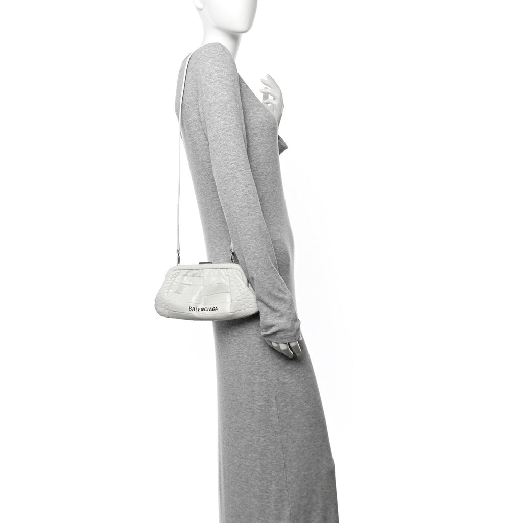 Shiny Supple Calfskin Logo Crocodile Embossed Cloud Clutch XS White