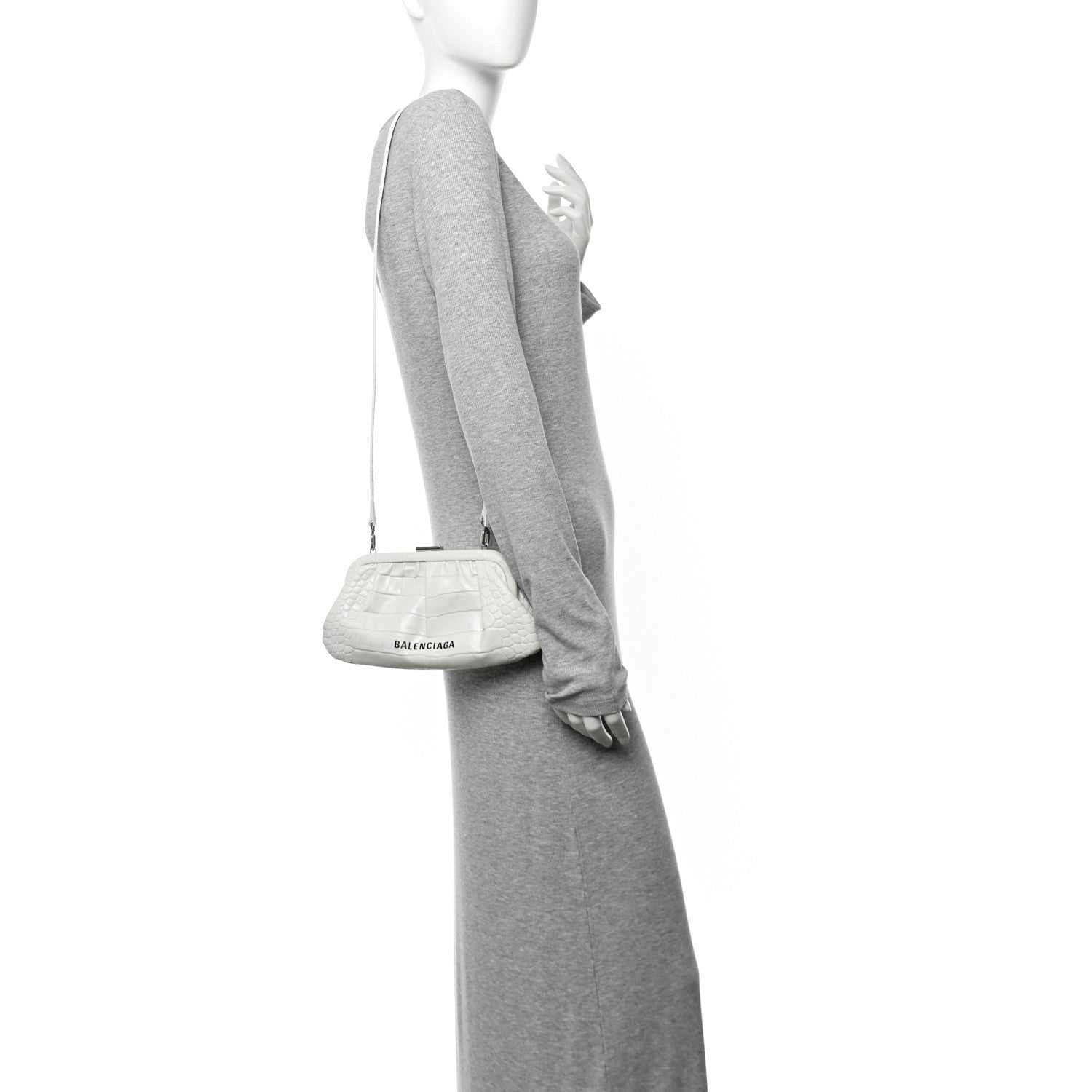 Shiny Supple Calfskin Logo Crocodile Embossed Cloud Clutch XS White