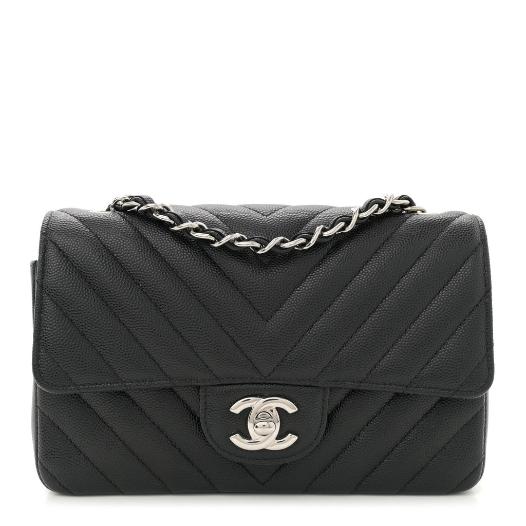 Caviar Chevron Quilted Mini Rectangular Flap Black