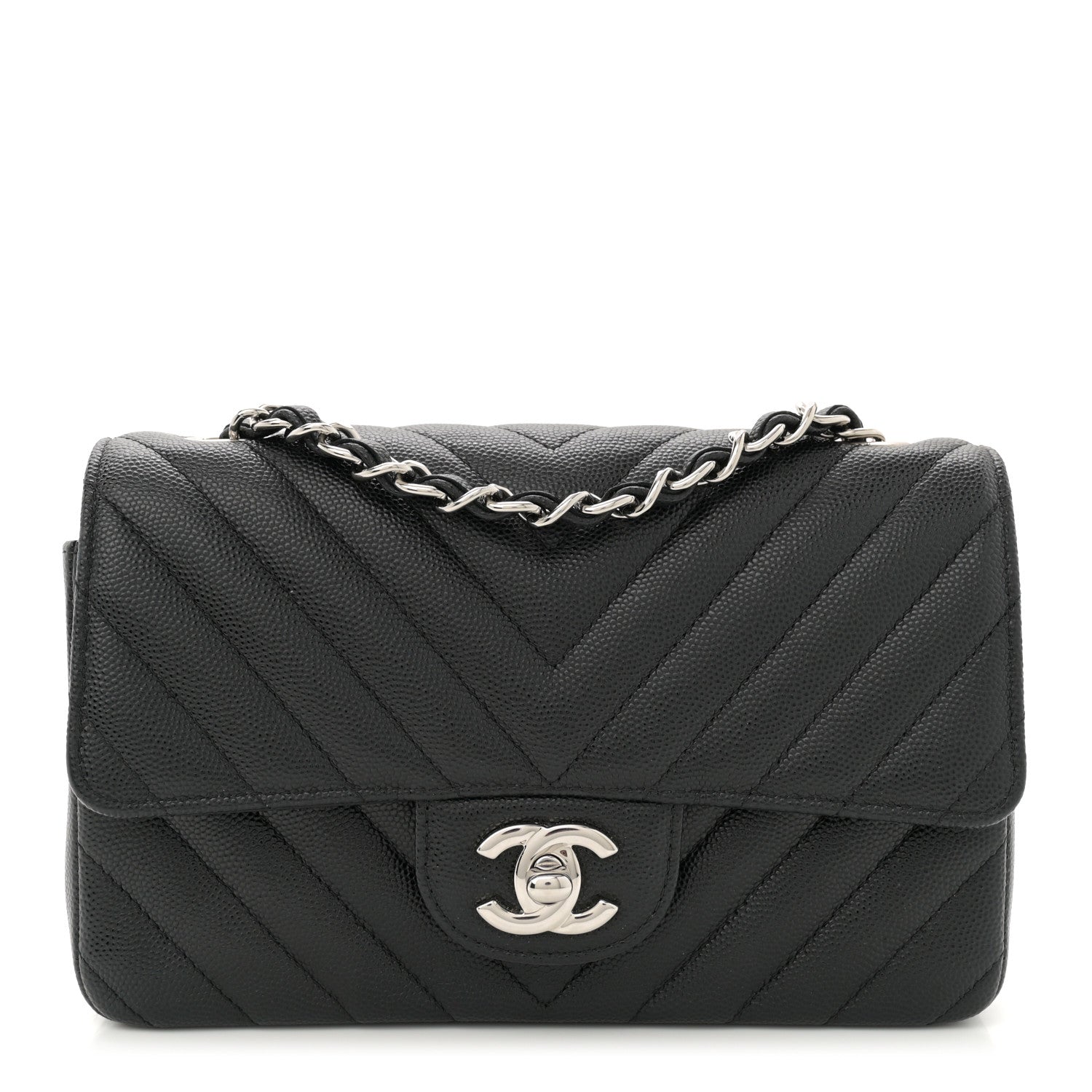 Caviar Chevron Quilted Mini Rectangular Flap Black