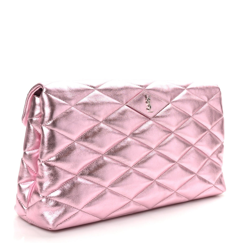 Metallic Lambskin Quilted Sade Puffer Envelope Clutch New Azalea