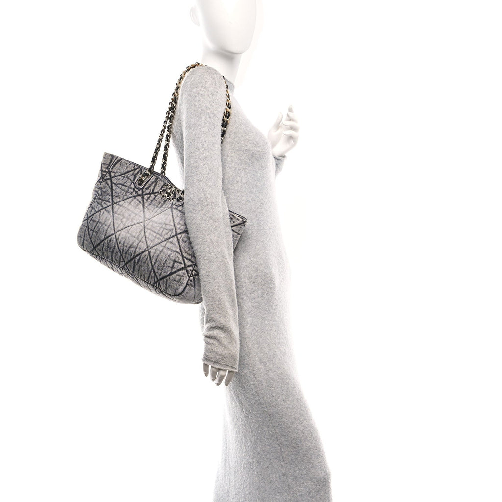 Washed Denim Quilted Chanel 19 East West Shopping Bag Black White