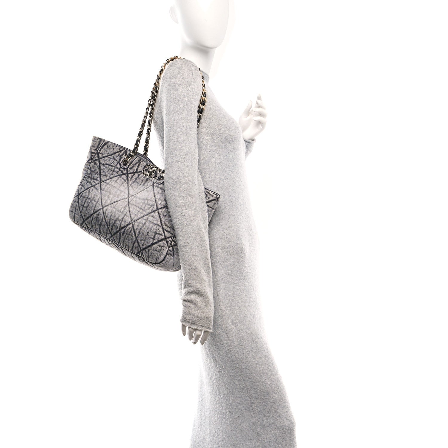 Washed Denim Quilted Chanel 19 East West Shopping Bag Black White