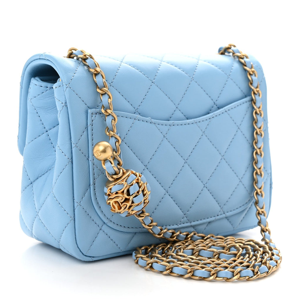 Lambskin Quilted Mini Pearl Crush Flap Light Blue