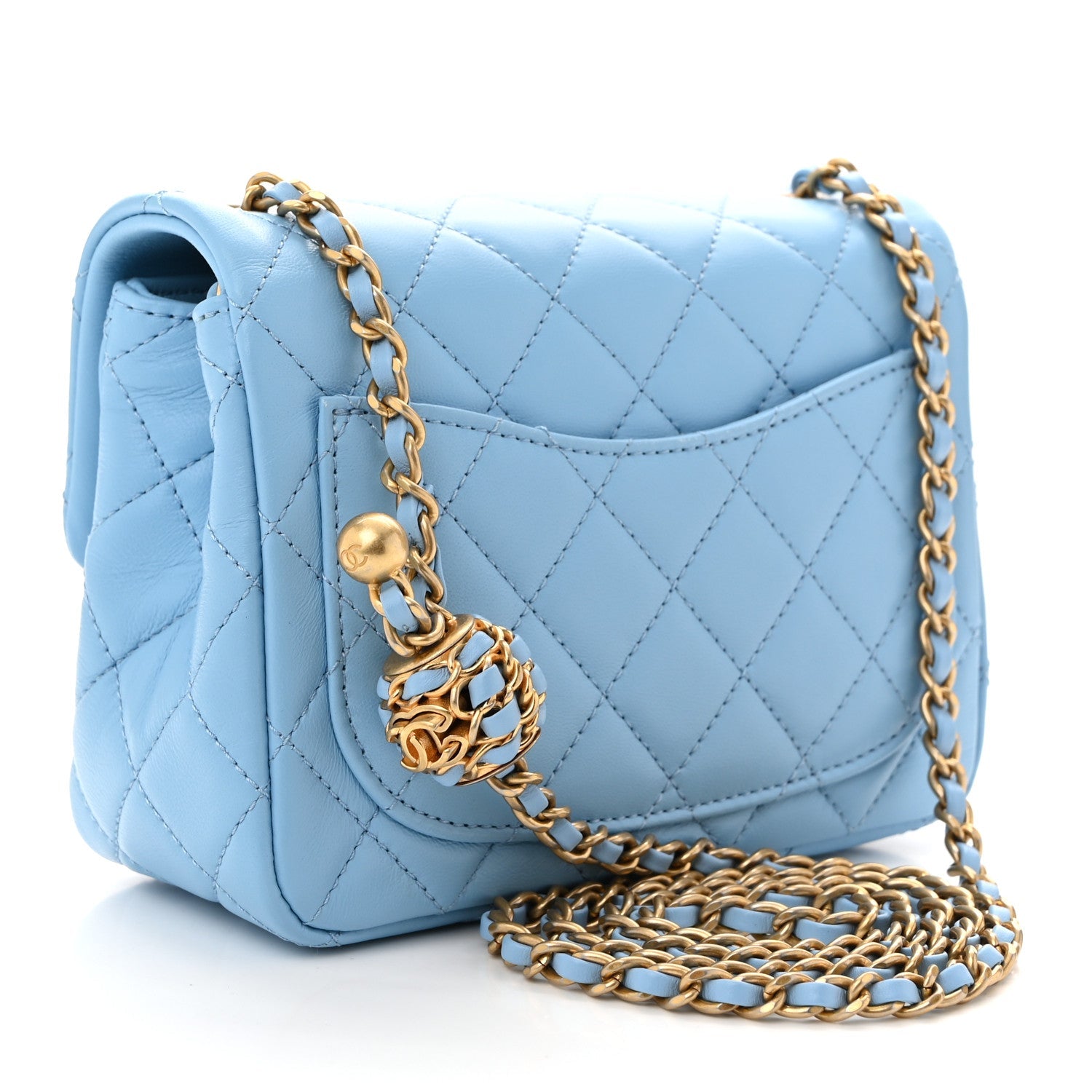 Lambskin Quilted Mini Pearl Crush Flap Light Blue