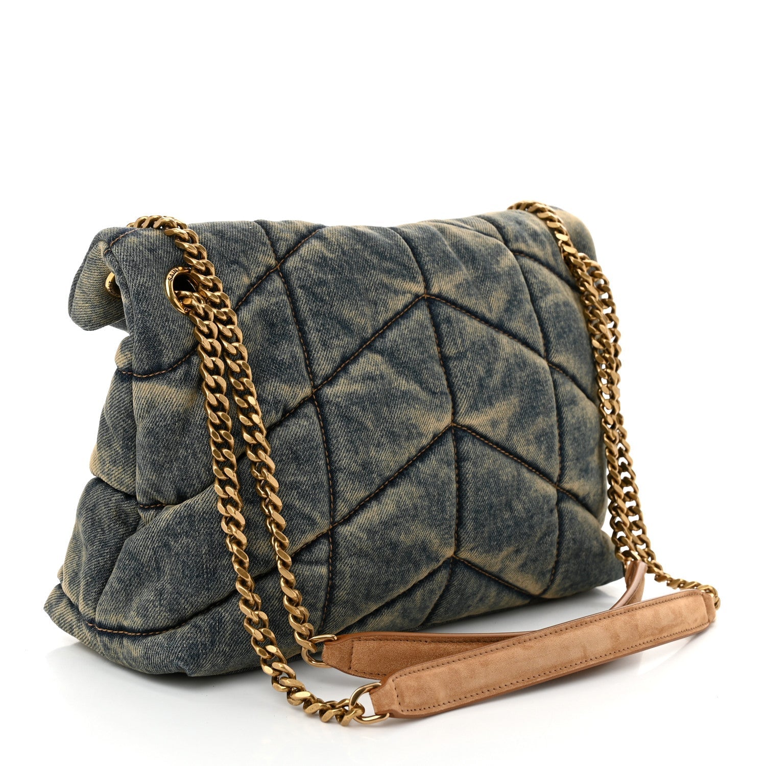 Denim Quilted Small Loulou Puffer Monogram Chain Satchel Rodeo Blue Cinnamon