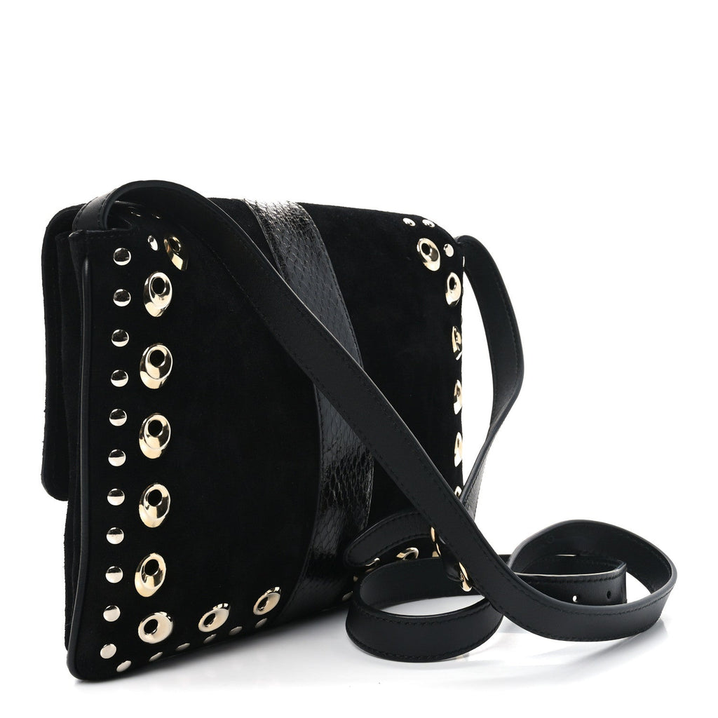 Suede Snakeskin Studded Medium Arli Flap Shoulder Bag Black