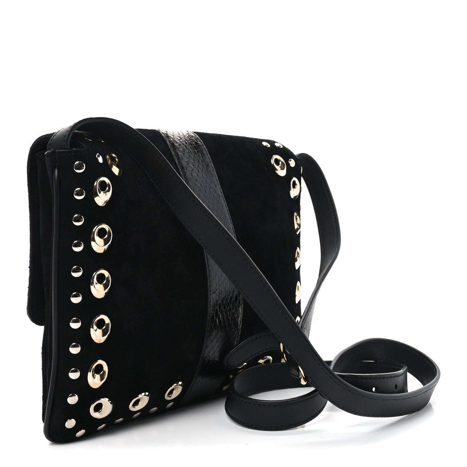 Suede Snakeskin Studded Medium Arli Flap Shoulder Bag Black