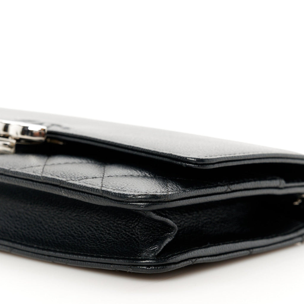 Grained Calfskin Quilted CC Box Wallet On Chain WOC Black