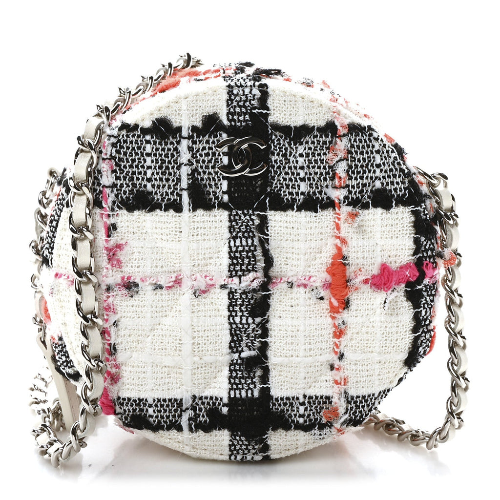 Tweed Quilted Round Clutch With Chain Black White Multicolor