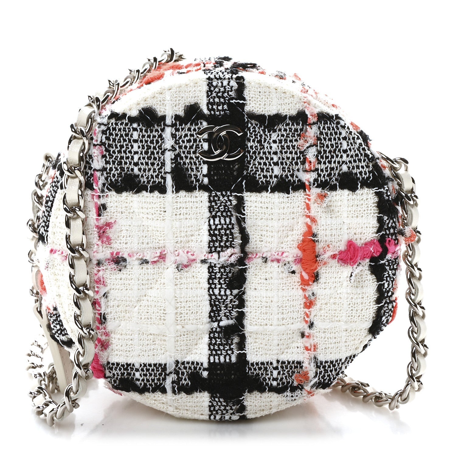 Tweed Quilted Round Clutch With Chain Black White Multicolor