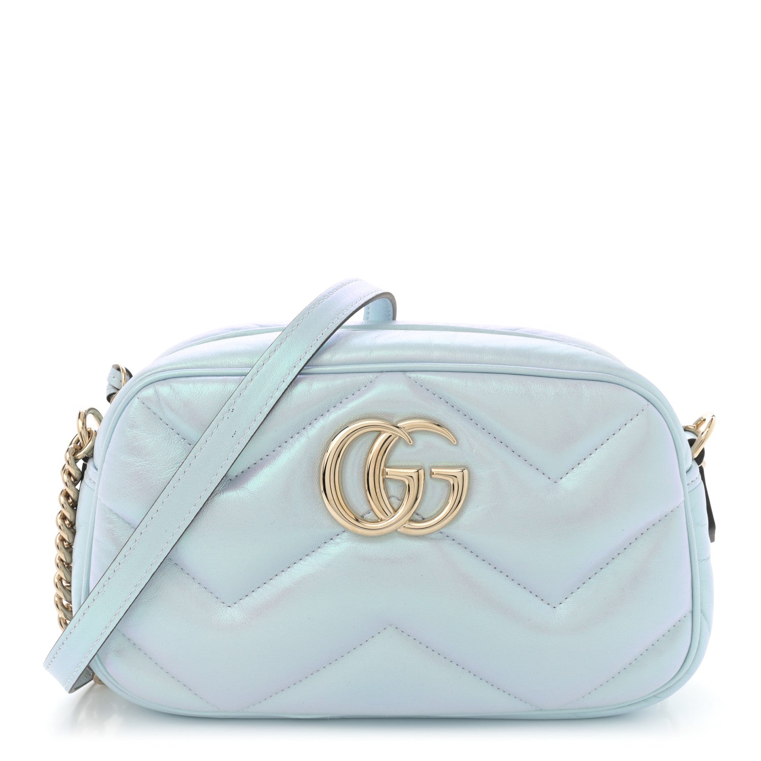 Iridescent Nappa Chevron Matelasse Small GG Marmont Chain Shoulder Bag Iridescent Snow Light Blue