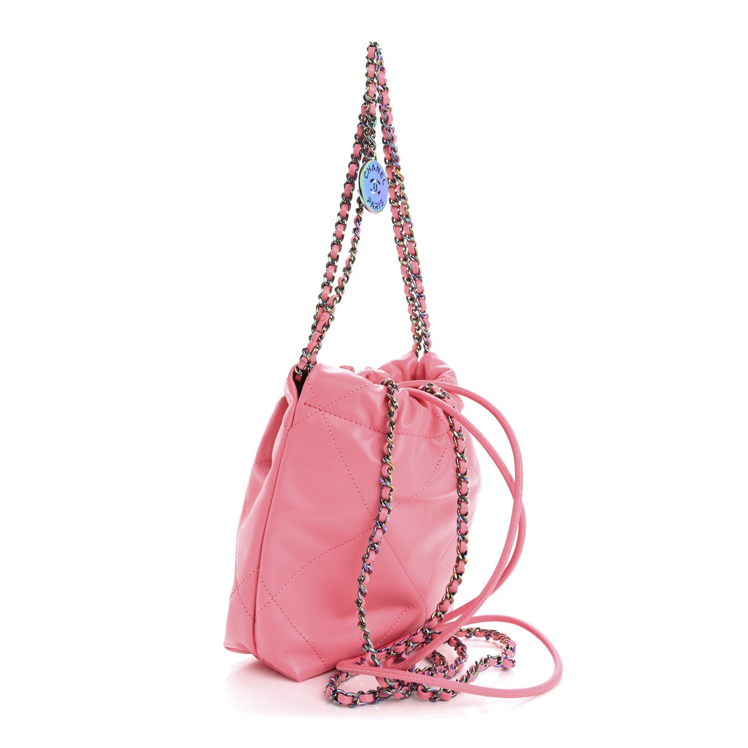 Shiny Calfskin Quilted Rainbow Metal Mini Chanel 22 Coral Pink