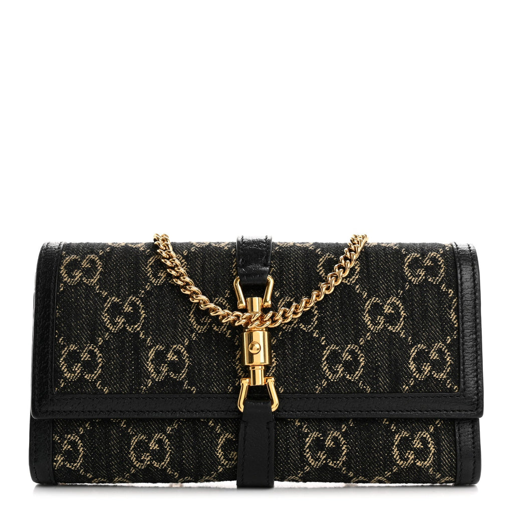Jacquard Black Denim GG Monogram Textured Dollar Calfskin Jackie 1961 Chain Wallet Black Ivory