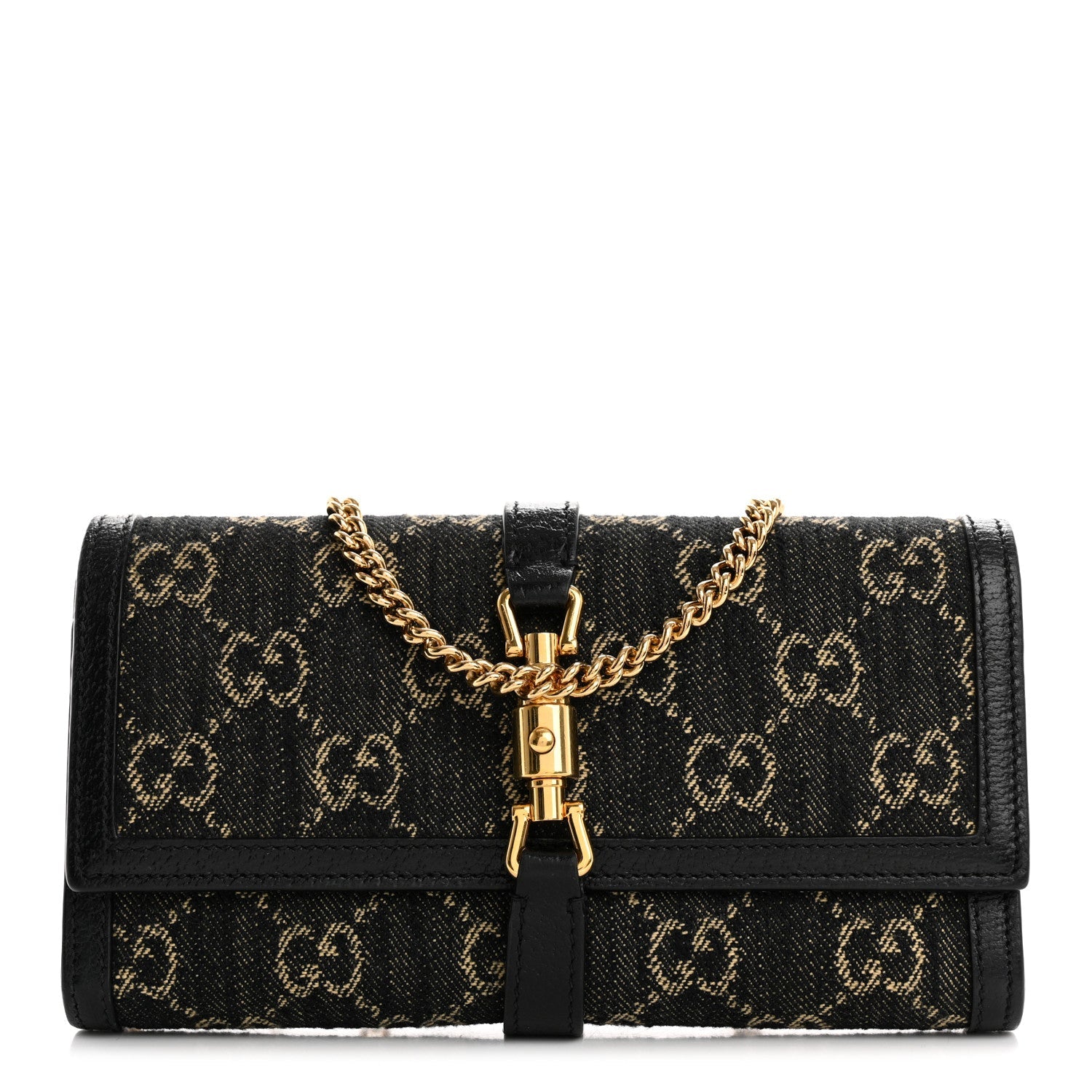 Jacquard Black Denim GG Monogram Textured Dollar Calfskin Jackie 1961 Chain Wallet Black Ivory