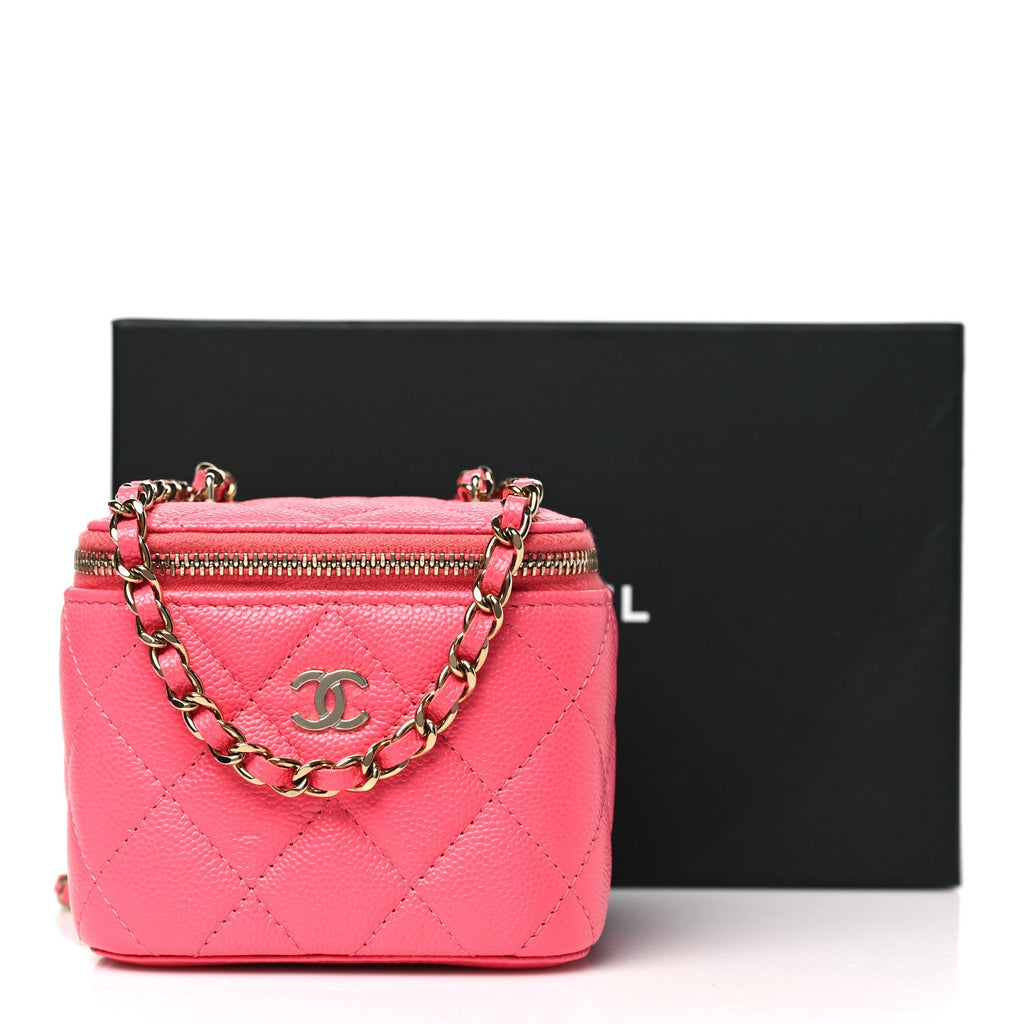 Caviar Quilted Mini Vanity Case With Chain Pink
