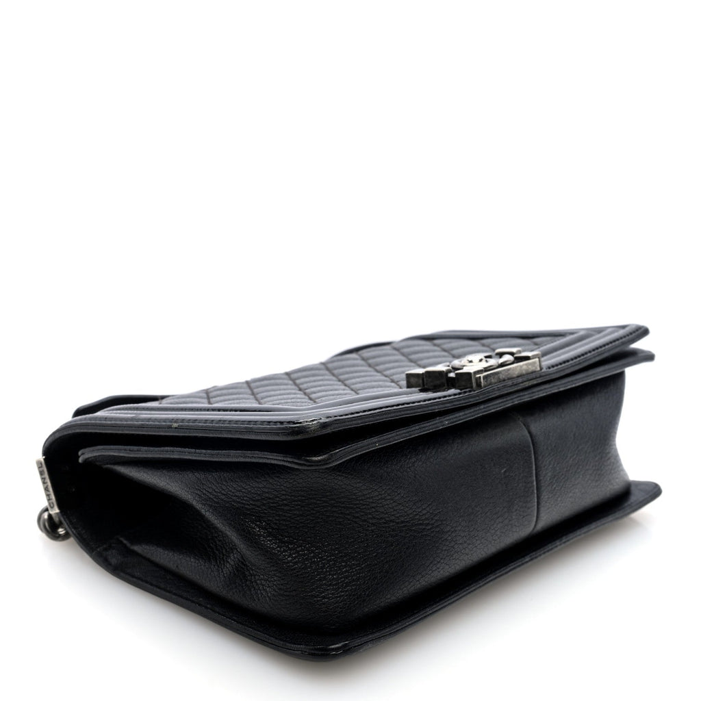 Goatskin Quilted Patent Medium Duo Boy Flap Black