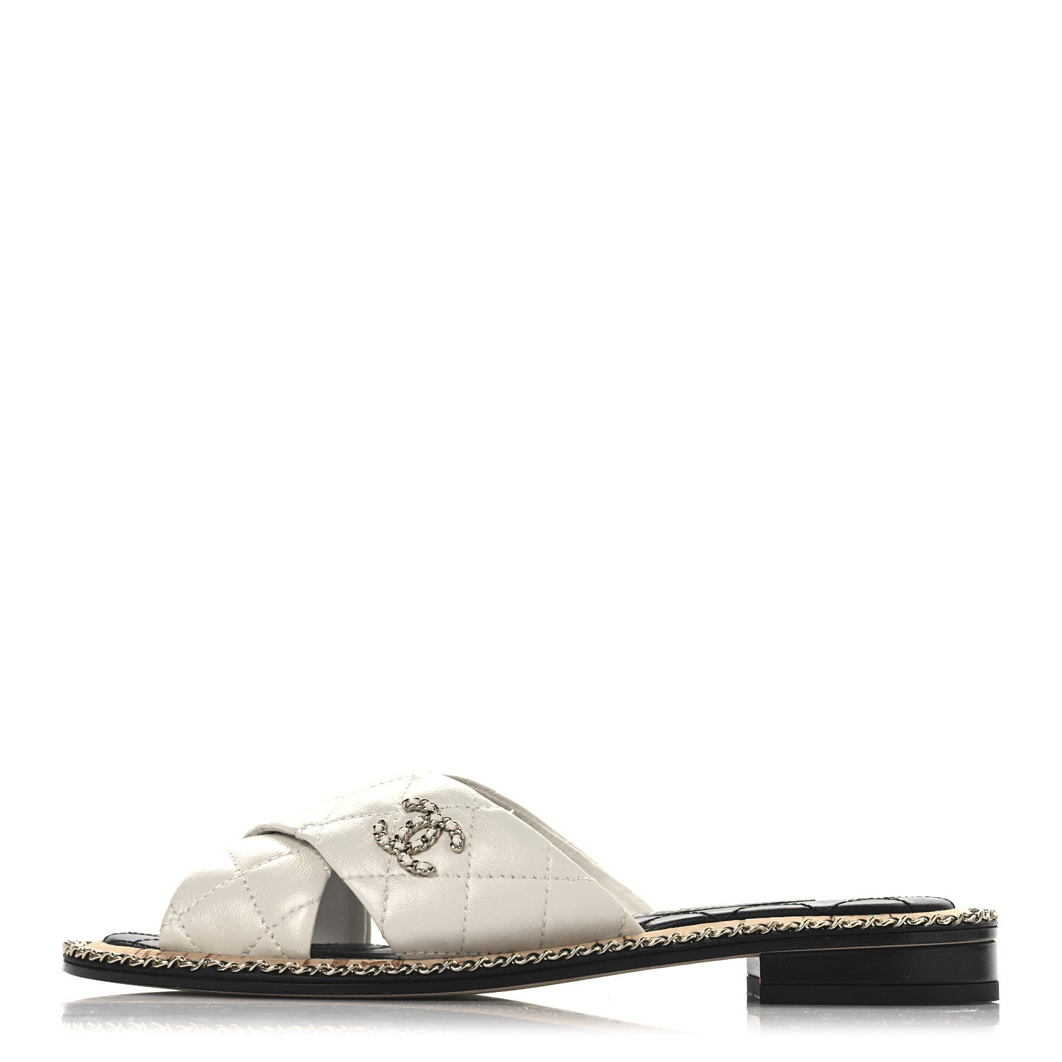 Shiny Lambskin Quilted  Metal Chain CC Sandals 36 White