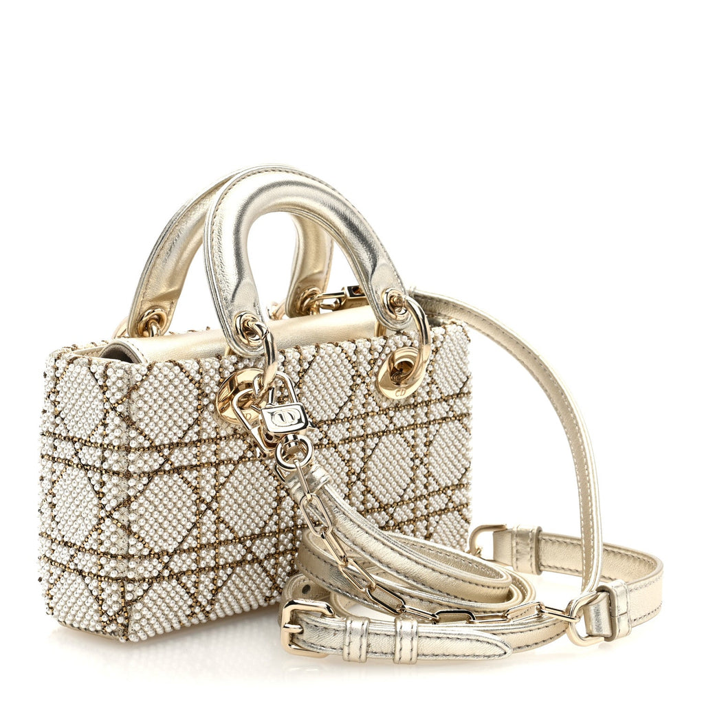 Lambskin Pearl Embroidered Micro Lady D-Joy Gold