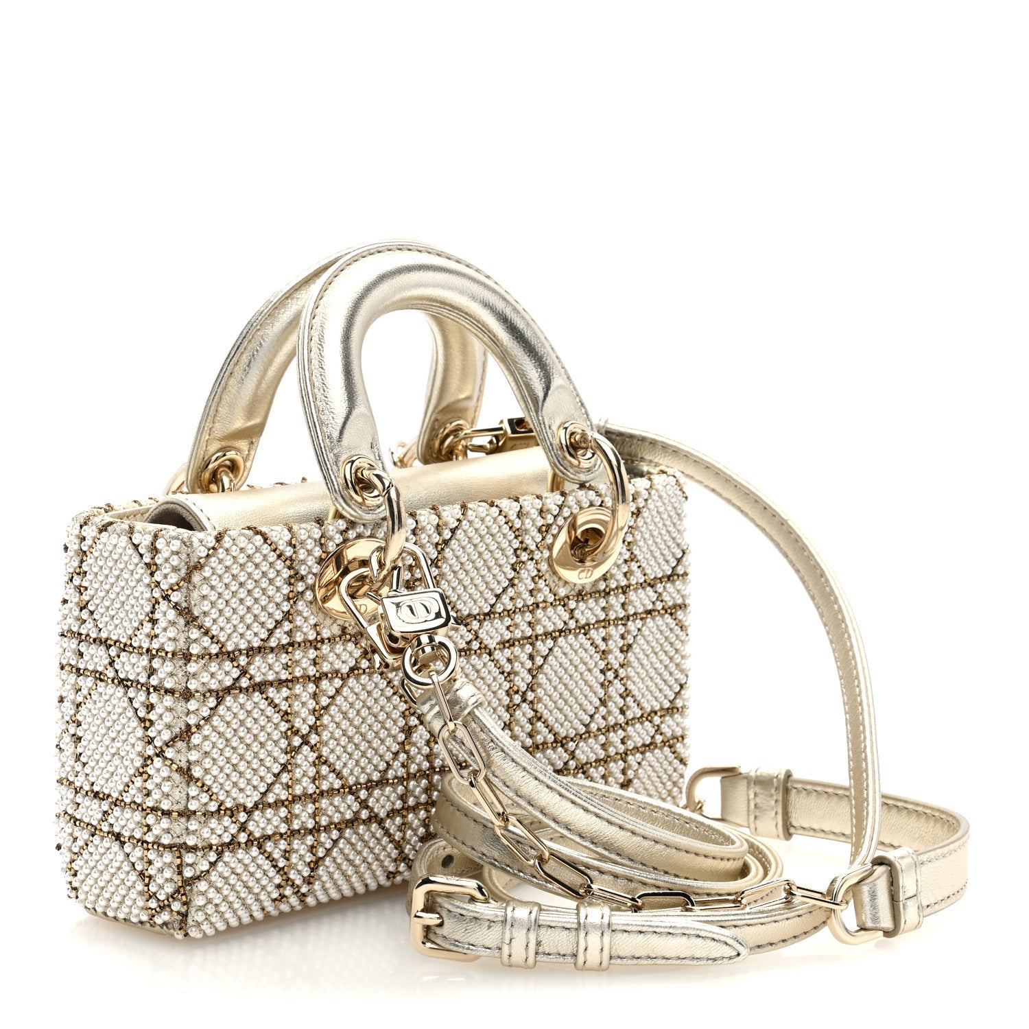Lambskin Pearl Embroidered Micro Lady D-Joy Gold