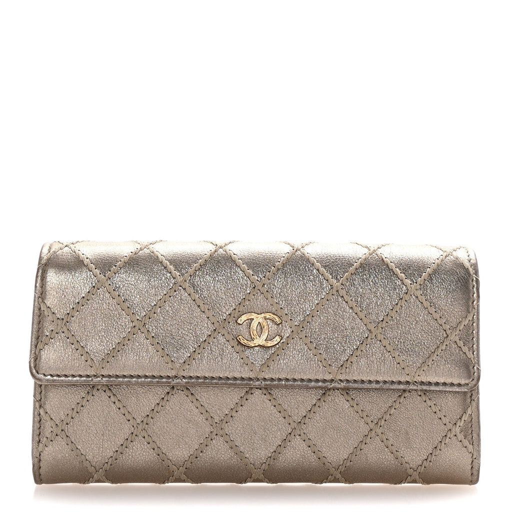 Metallic Lambskin Quilted Stitch Large Gusset Flap Wallet Gold