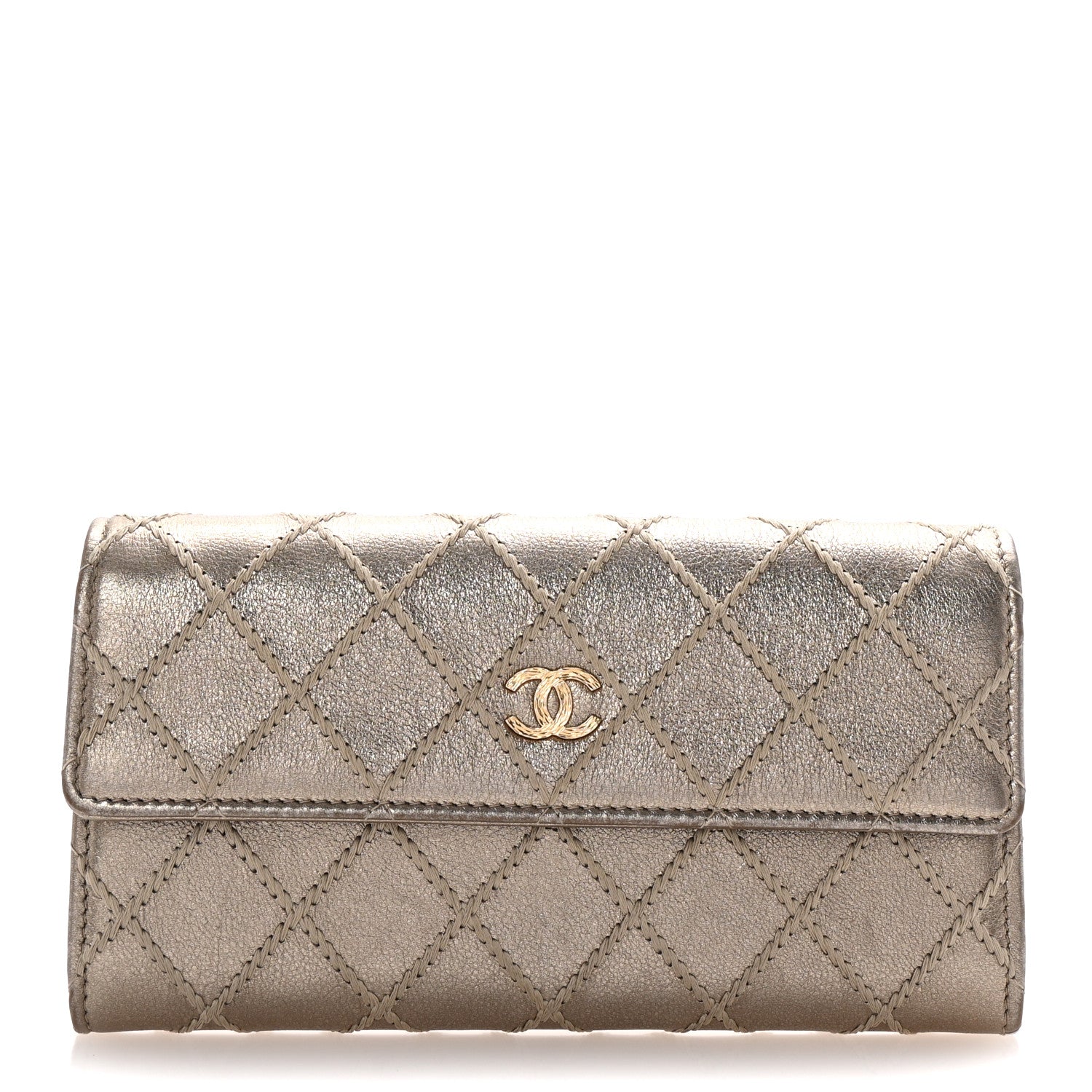 Metallic Lambskin Quilted Stitch Large Gusset Flap Wallet Gold