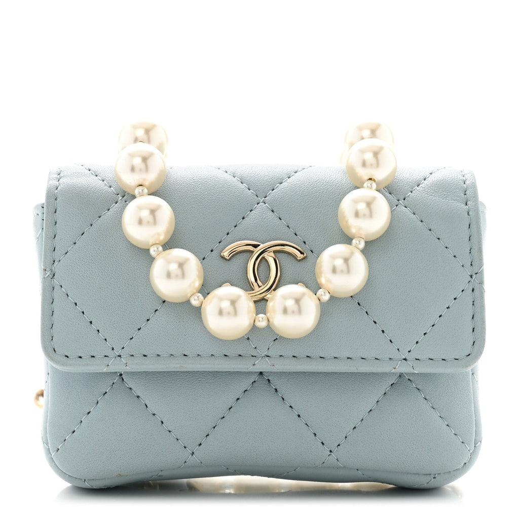 Lambskin Quilted Pearl Chain Belt Bag Light Blue