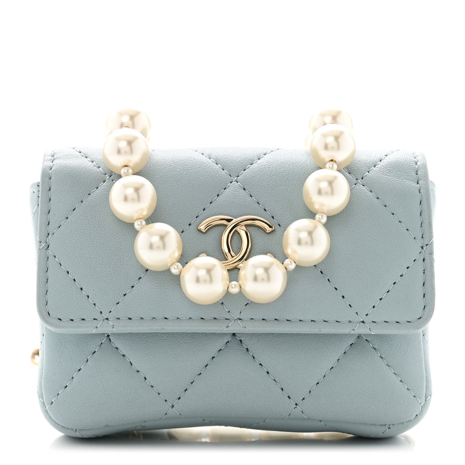 Lambskin Quilted Pearl Chain Belt Bag Light Blue