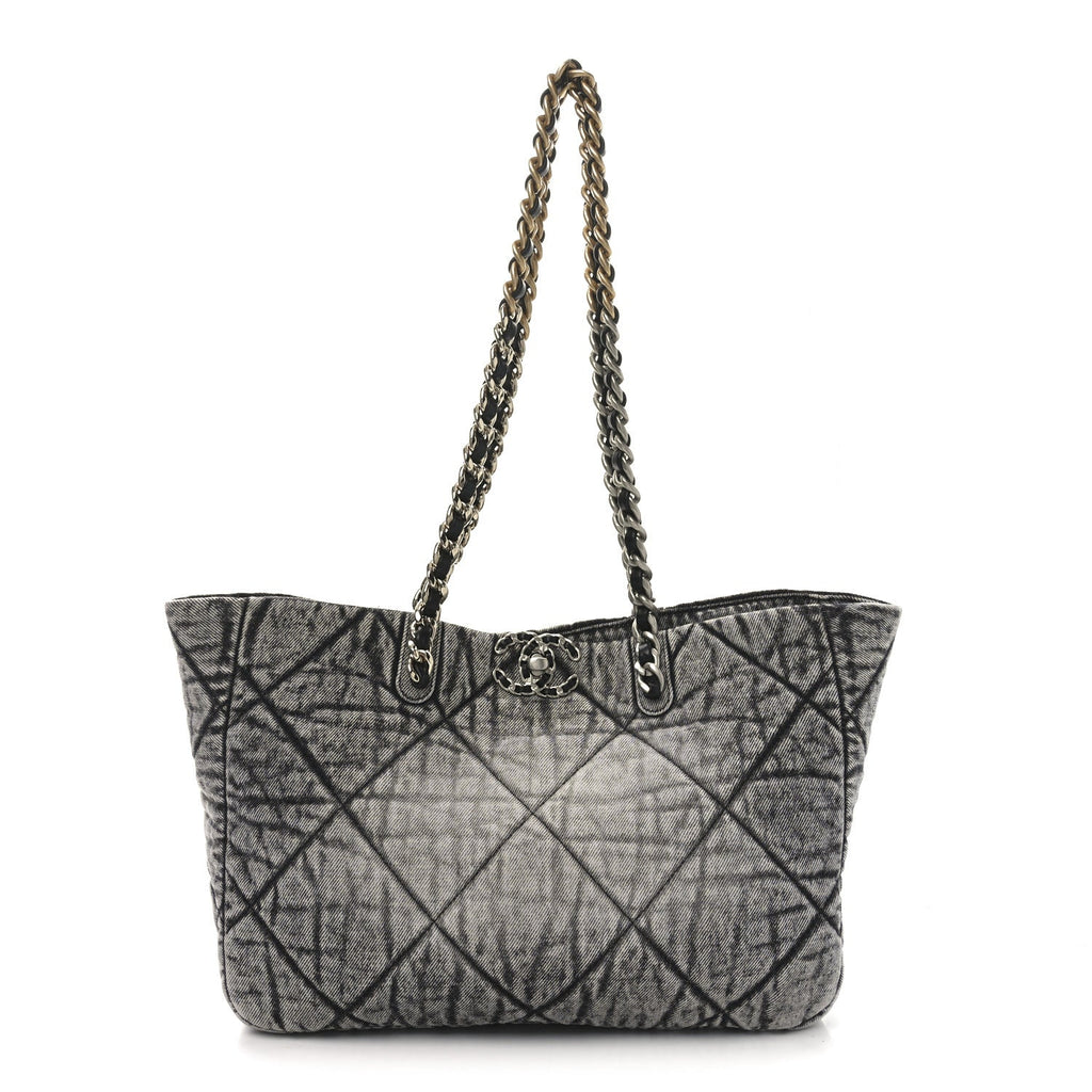Washed Denim Quilted Chanel 19 East West Shopping Bag Black White