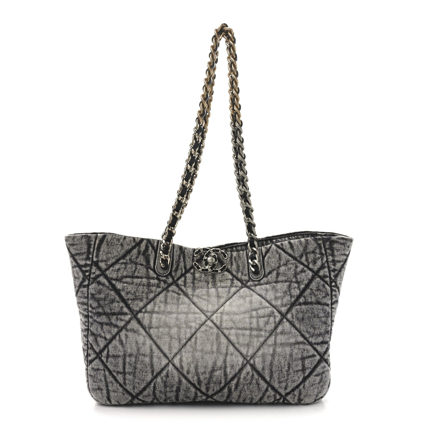 Washed Denim Quilted Chanel 19 East West Shopping Bag Black White
