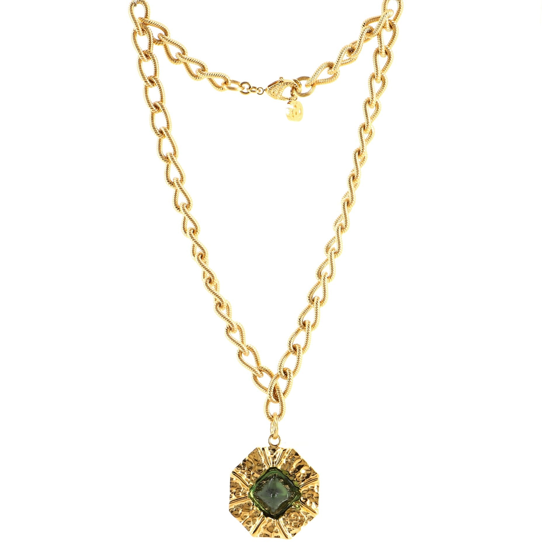 Round Pendant Necklace Textured Metal with Crystal