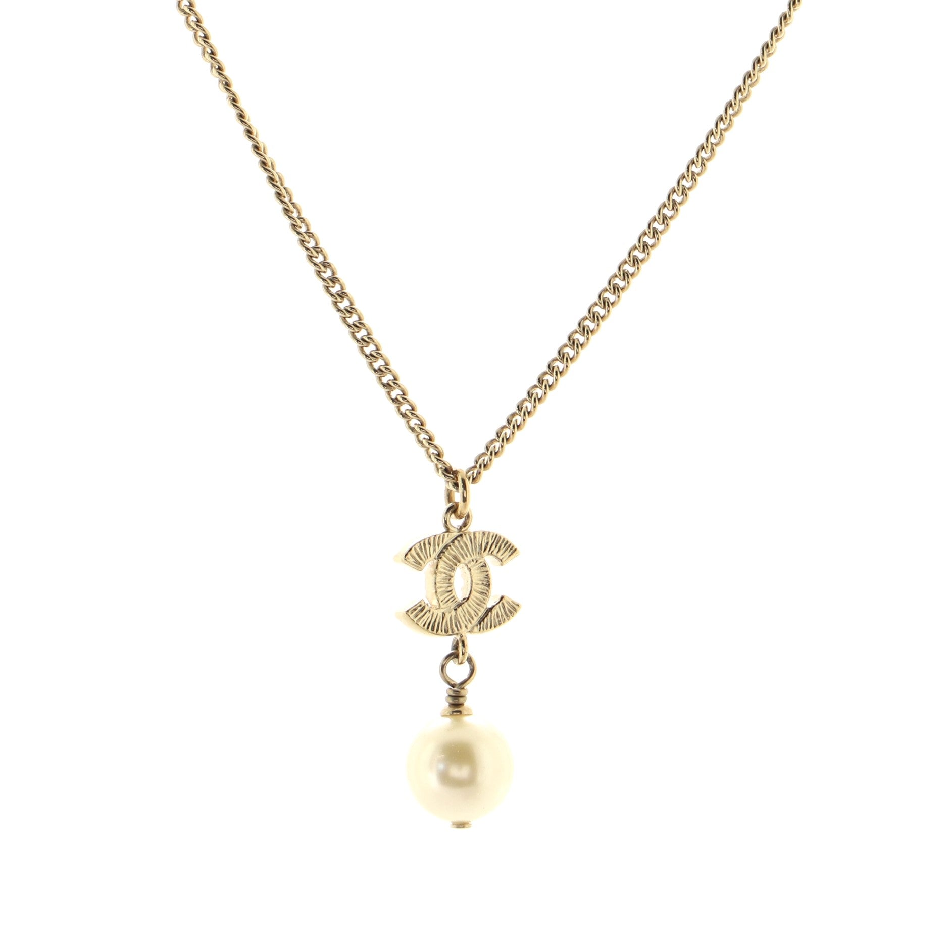 CC Pendant Chain Necklace Metal with Faux Pearl and Crystal