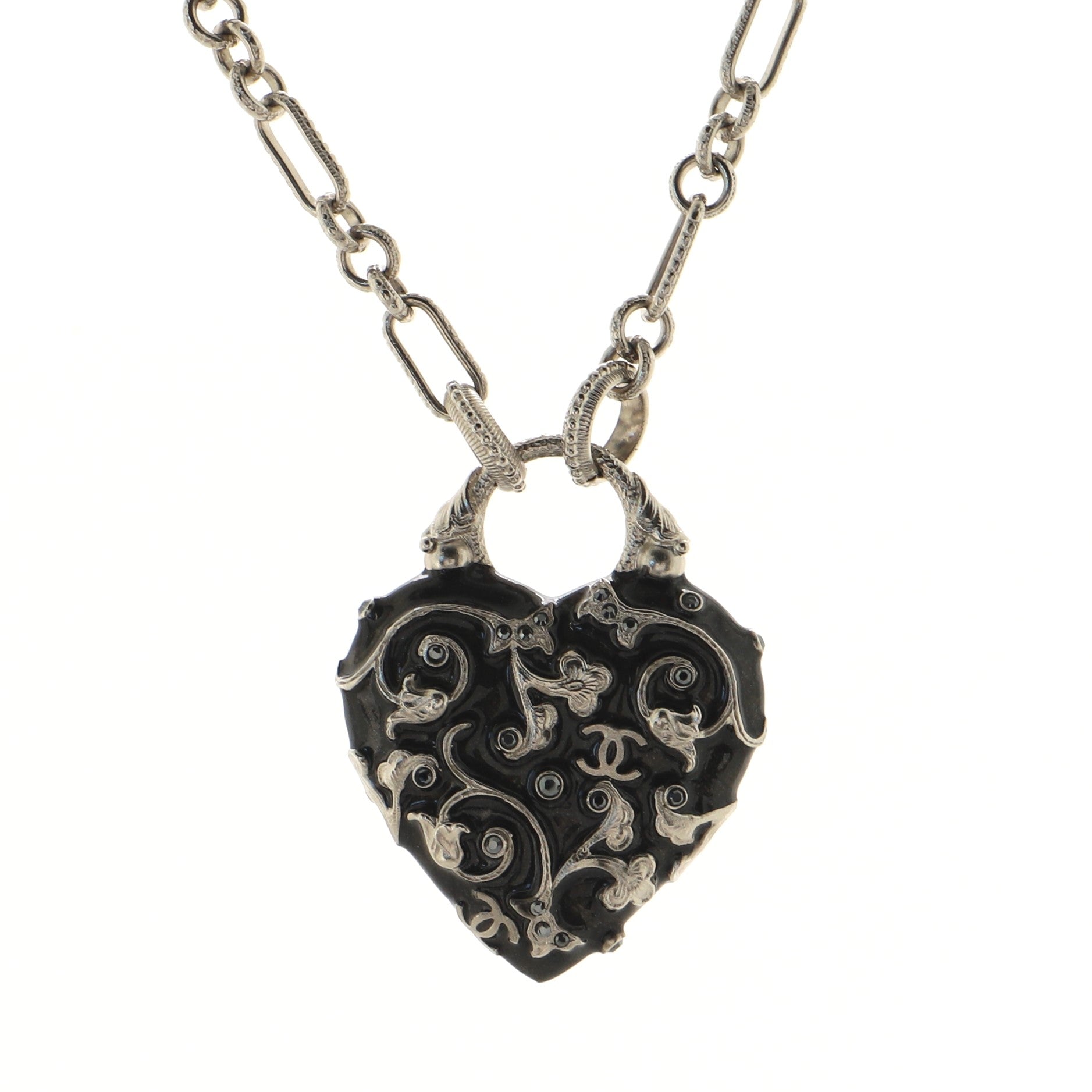 CC Heart Pendant Necklace Metal and Crystal Embellished Resin
