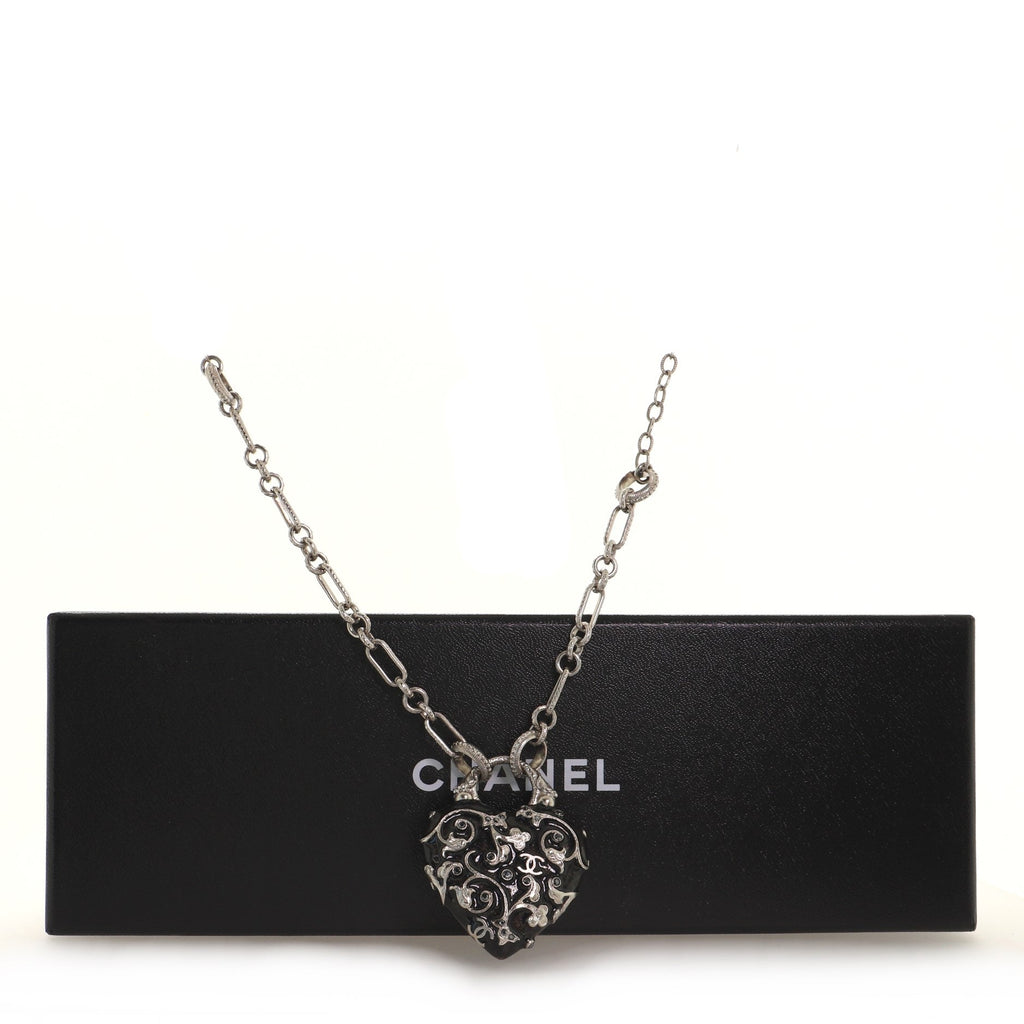 CC Heart Pendant Necklace Metal and Crystal Embellished Resin