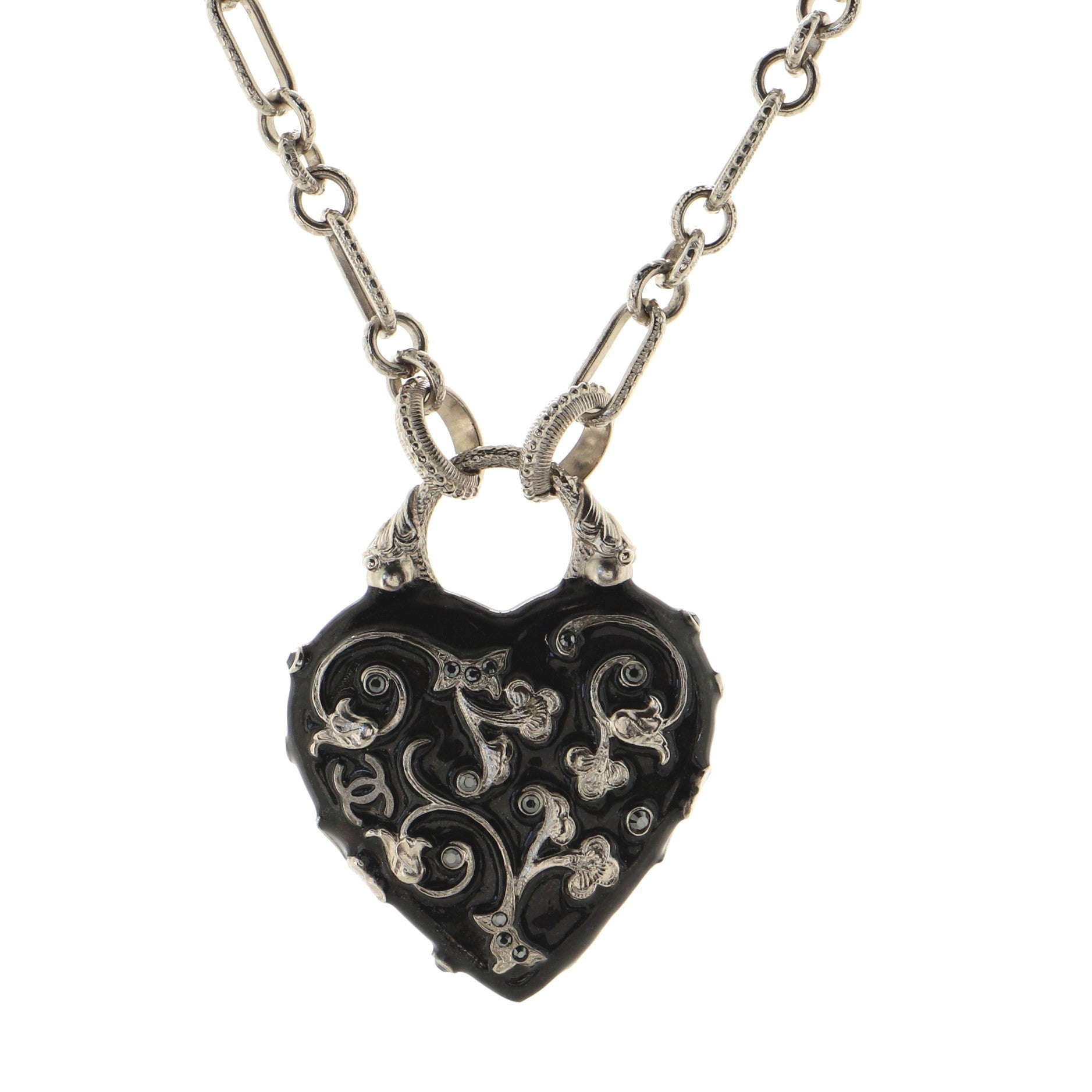 CC Heart Pendant Necklace Metal and Crystal Embellished Resin