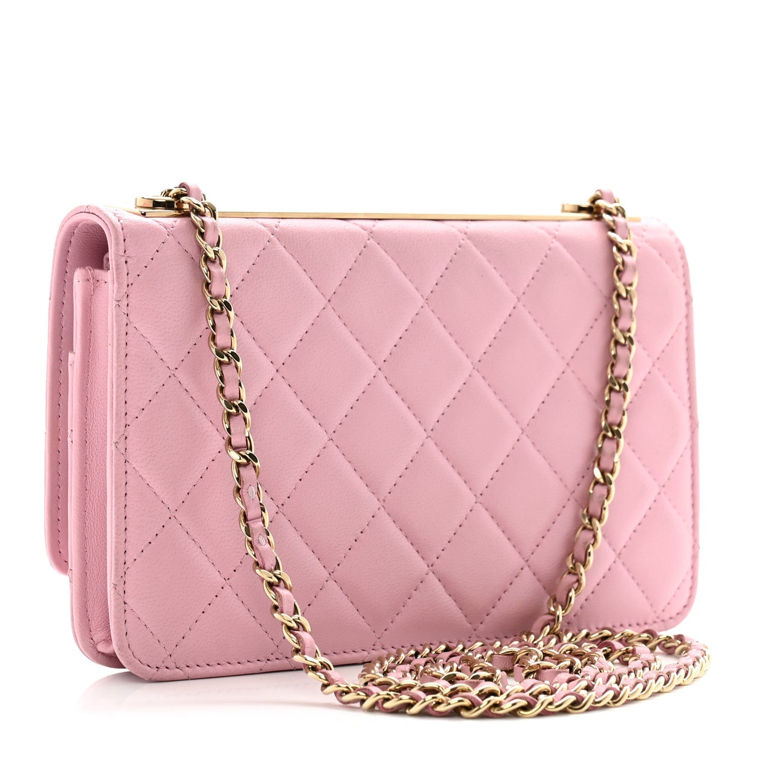 Lambskin Quilted Trendy CC Wallet On Chain WOC Pink