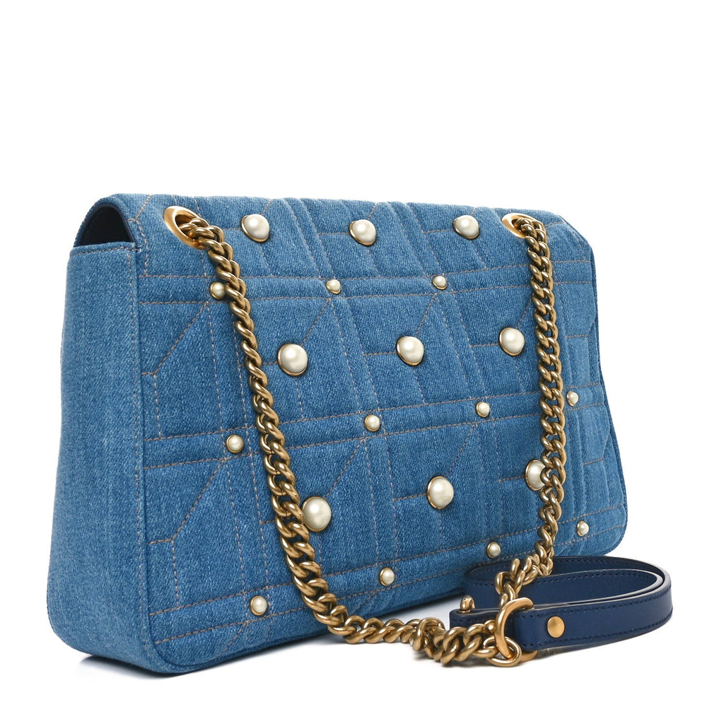 Kura Denim Matelasse Cubic Pearl Studded Medium GG Marmont Shoulder Bag Blue