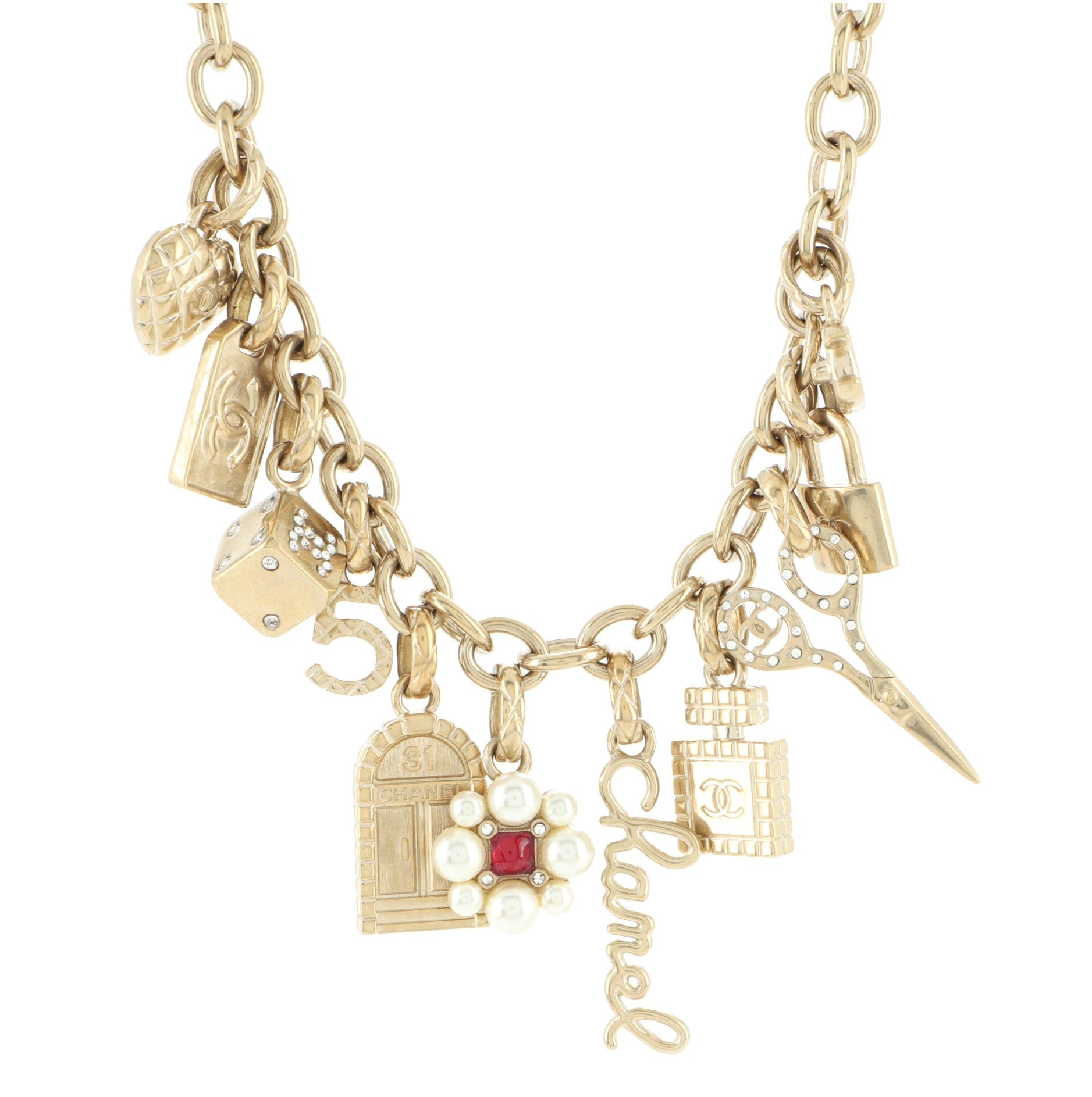 CC Charms Necklace Metal with Faux Pearls, Resin, and Crystals