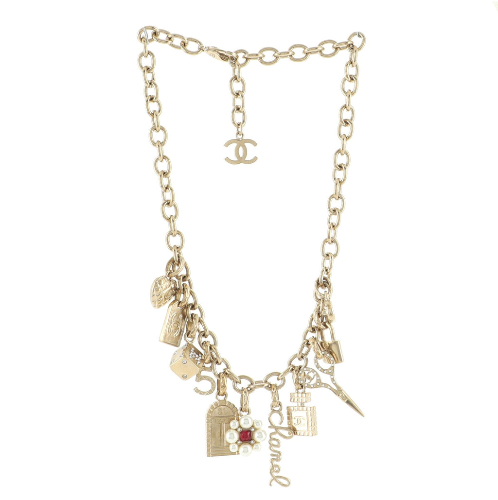 CC Charms Necklace Metal with Faux Pearls, Resin, and Crystals