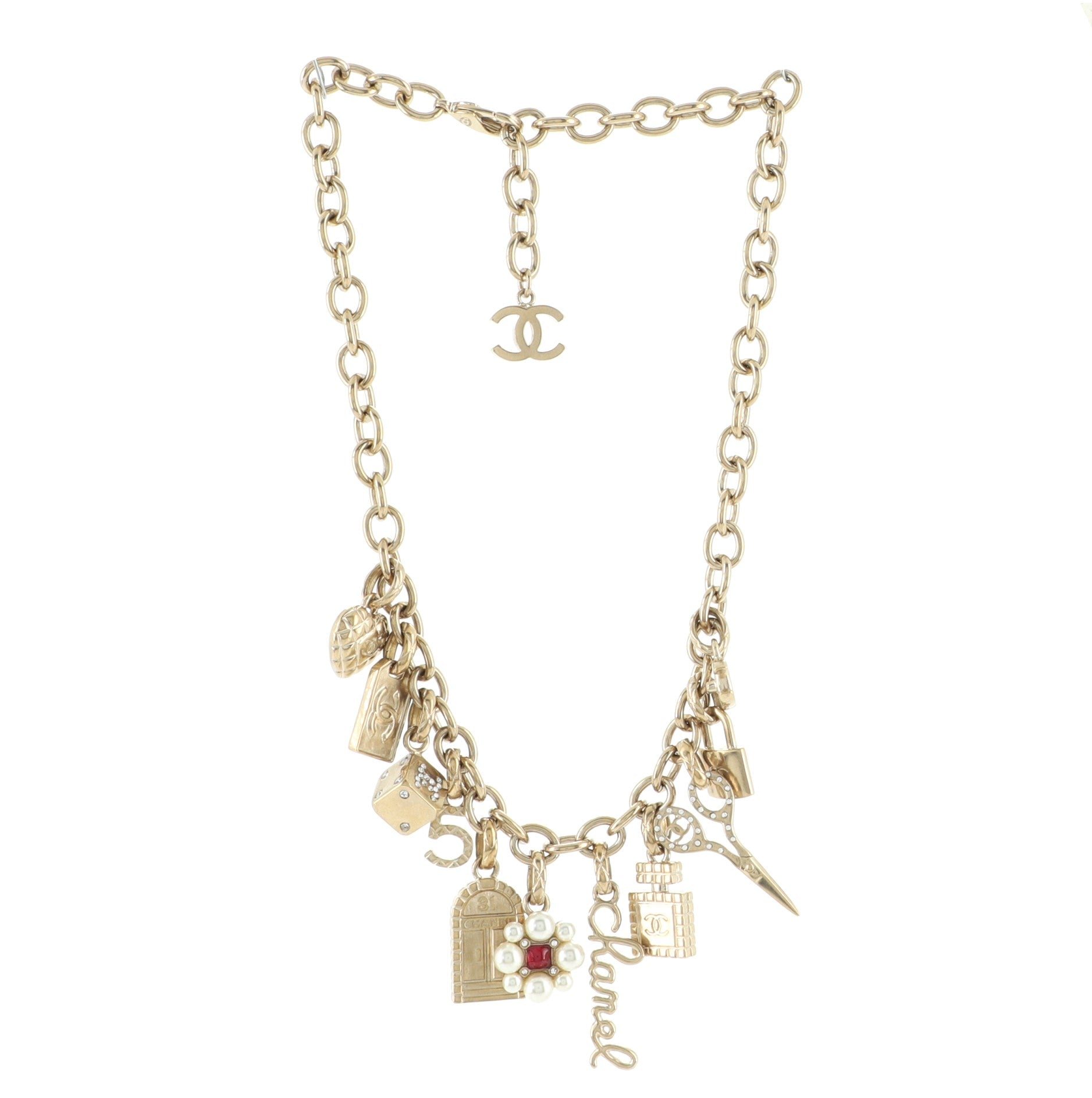 CC Charms Necklace Metal with Faux Pearls, Resin, and Crystals