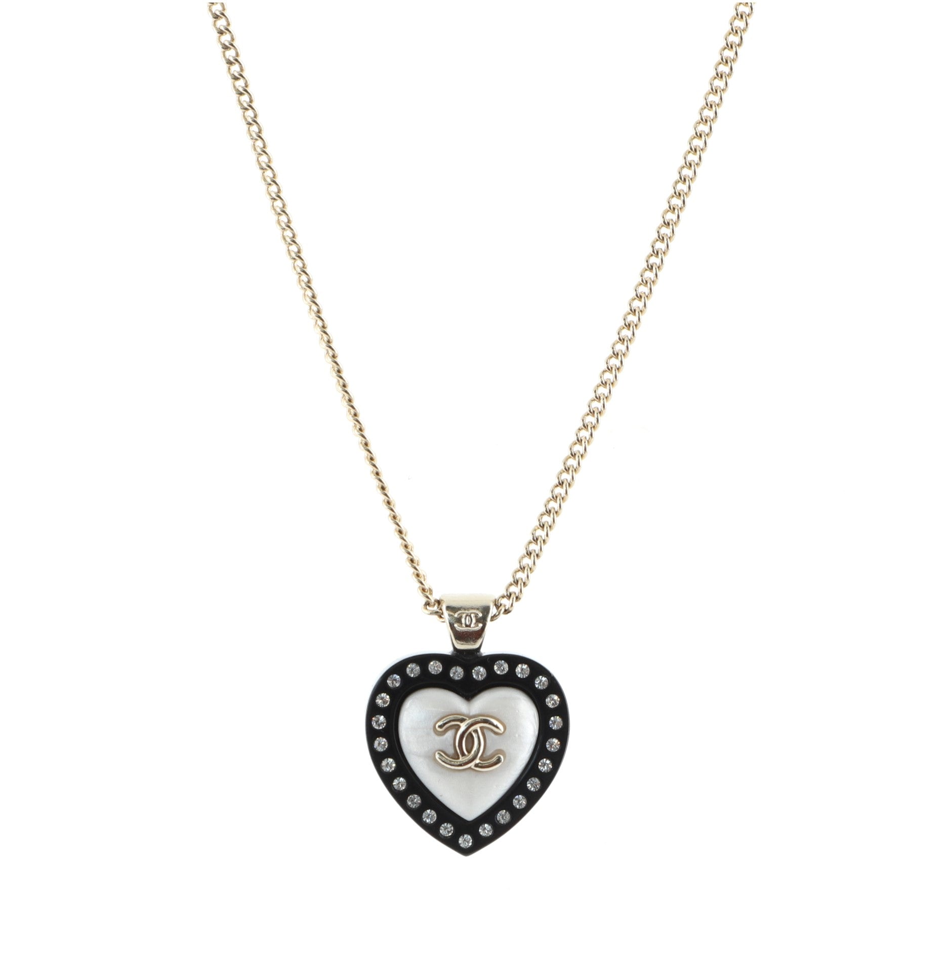 CC Heart Pendant Necklace Metal and Crystal Embellished Resin
