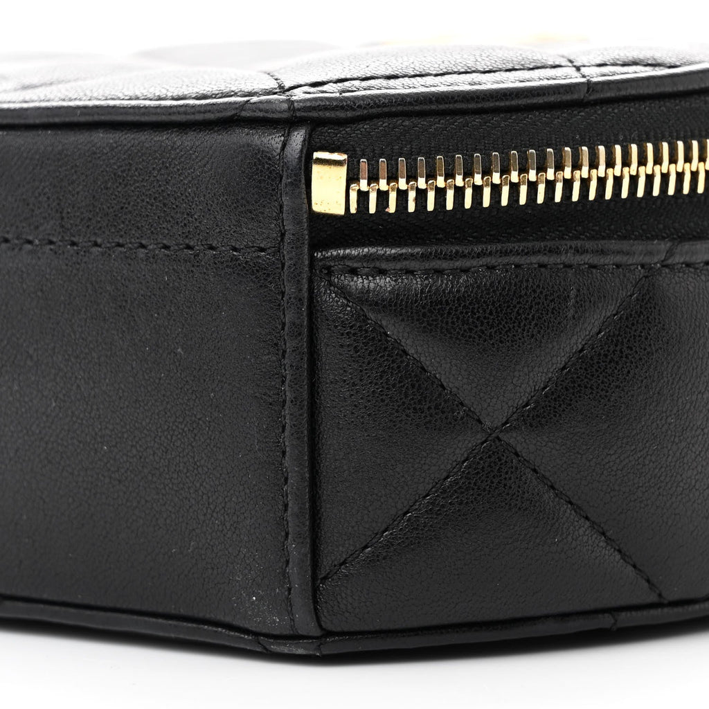 Lambskin Metal Quilted Small Top Handle Round Shoulder Bag Black