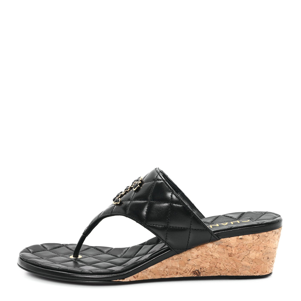 Shiny Goatskin Cork CC Wedge Sandals 39 Black