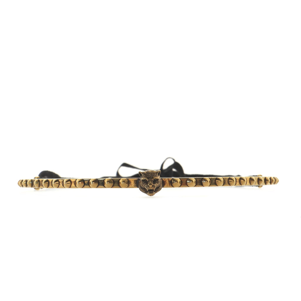 Feline Head Ribbon Choker Necklace Metal with Fabric