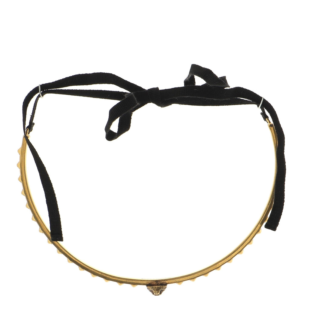 Feline Head Ribbon Choker Necklace Metal with Fabric