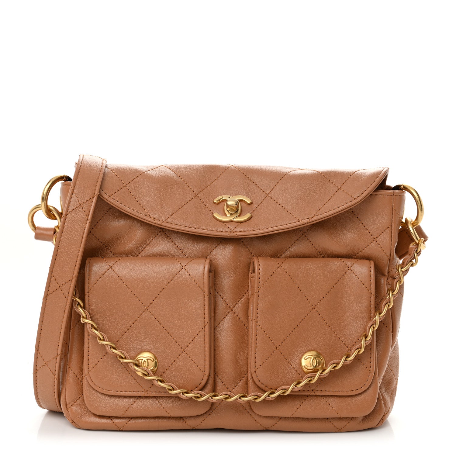 Shiny Calfskin Quilted Supple Twins Small Hobo Bag Brown