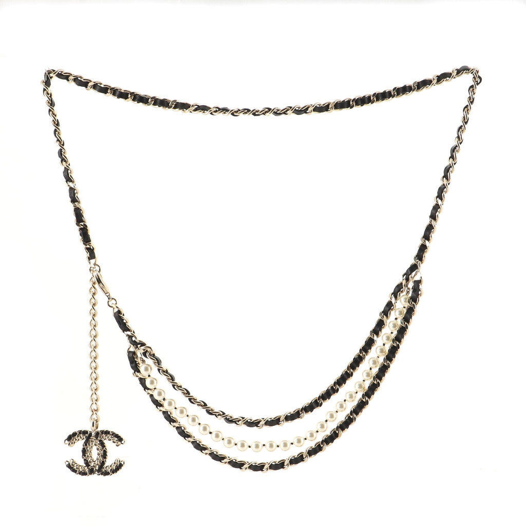 Vintage Allure Multistrand Chain Belt Metal with Leather, Crystals and Faux Pearls 95