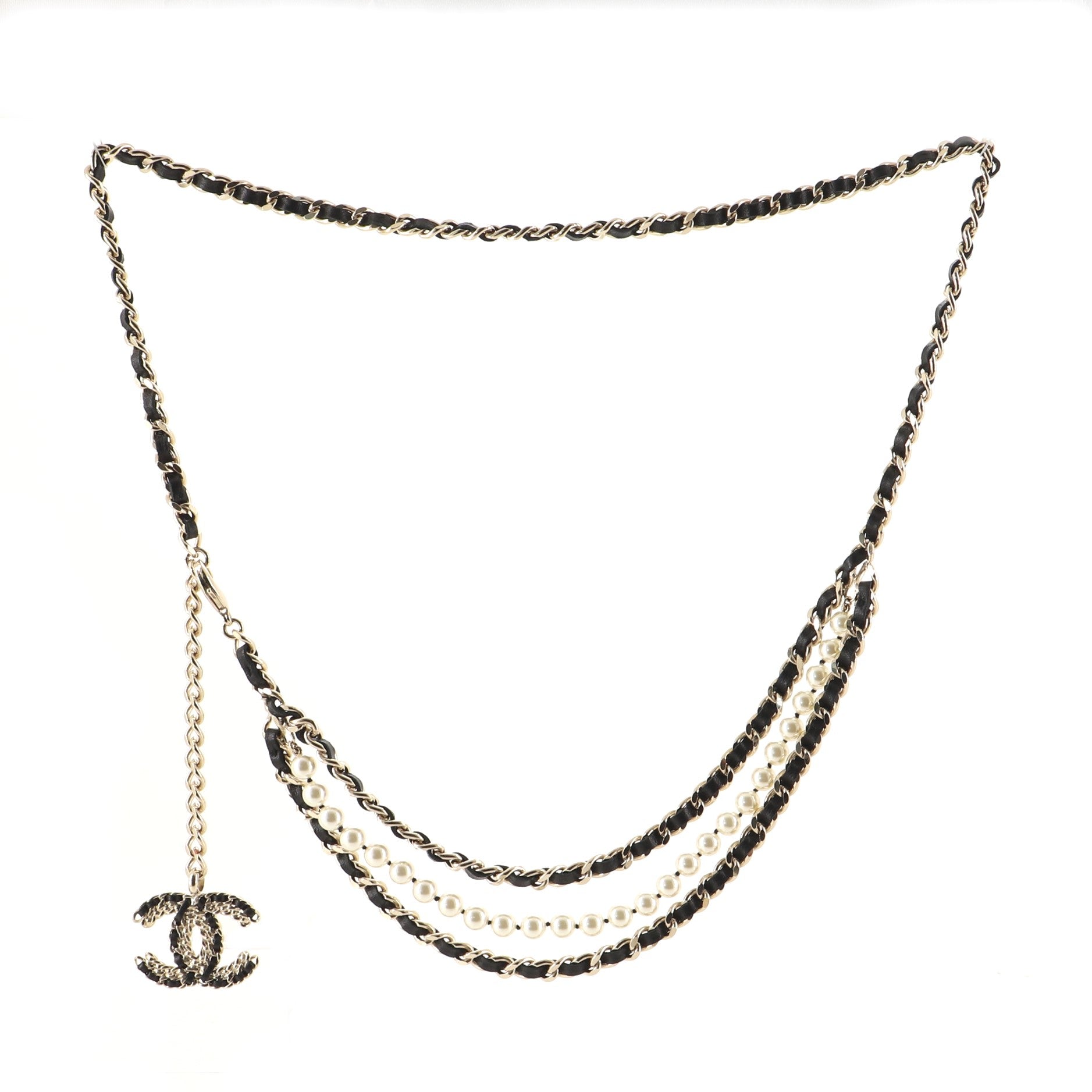 Vintage Allure Multistrand Chain Belt Metal with Leather, Crystals and Faux Pearls 95