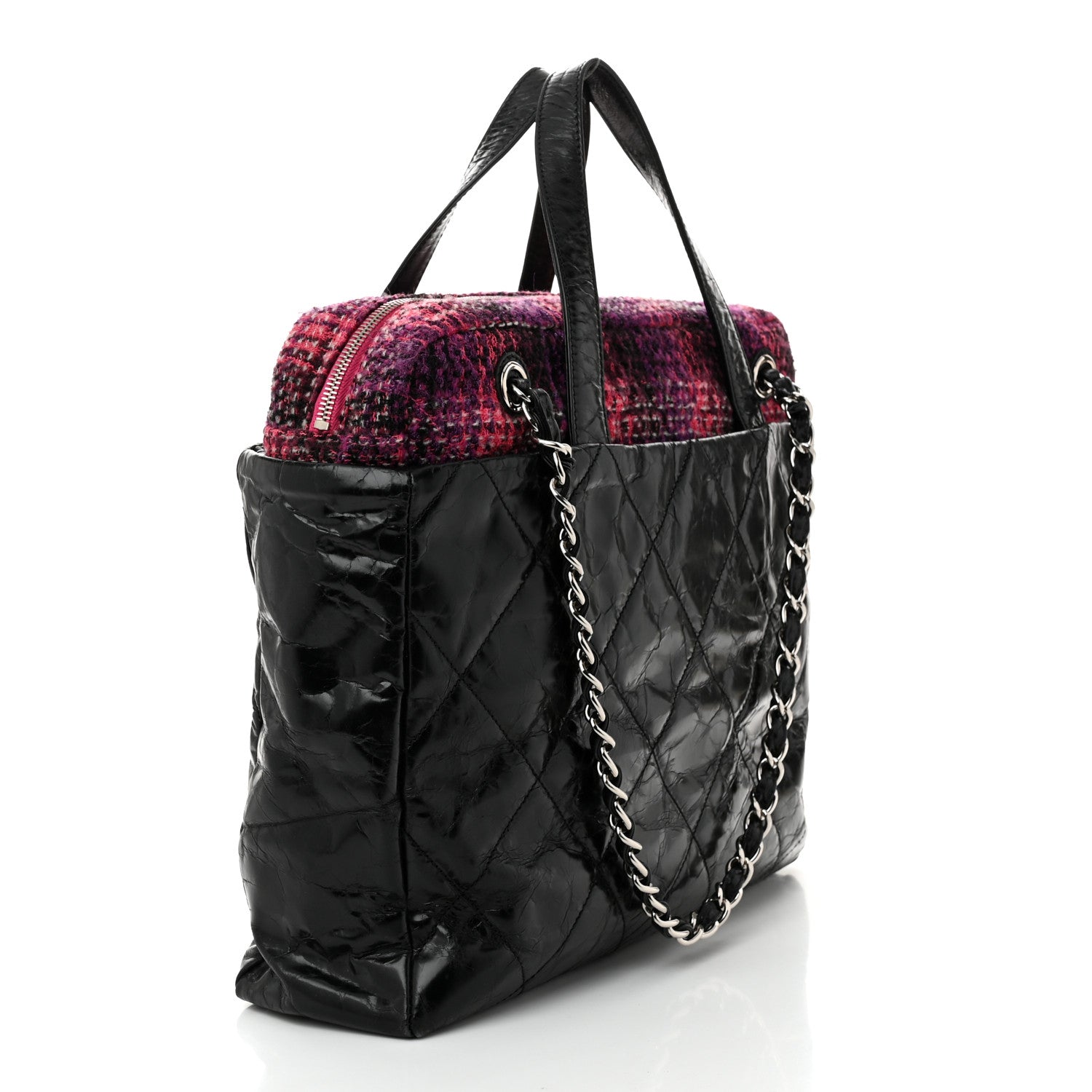 Glazed Calfskin Quilted Tweed Portobello Tote Black Pink